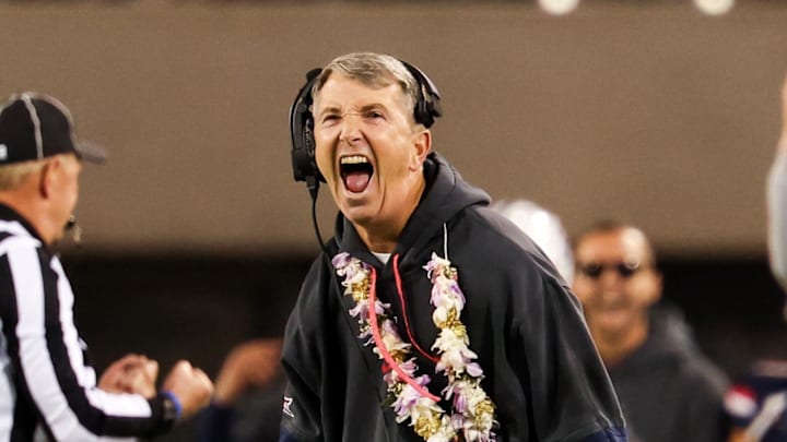 Nov 15, 2024; Tucson, Arizona, USA; Arizona Wildcats head coach Brent Brennan celebrates a interception made against the Houston Cougars during the second quarter at Arizona Stadium. Mandatory Credit: Aryanna Frank-Imagn Images