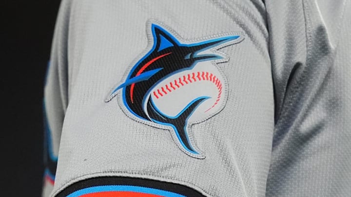 Aug 26, 2024; Denver, Colorado, USA; Detailed view of a Miami Marlins jersey emblem patch worn by Miami Marlins third base coach Griffin Benedict (81) during the sixth inning against the Colorado Rockies at Coors Field. Mandatory Credit: Ron Chenoy-Imagn Images