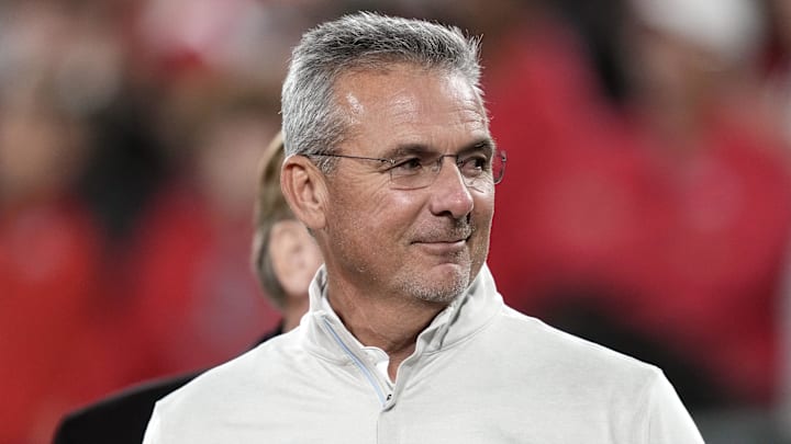 Jan 1, 2025; Pasadena, CA, USA; Ohio State Buckeyes former head coach Urban Meyer looks on in the second half between the Oregon Ducks and the Ohio State Buckeyes in the 2025 Rose Bowl college football quarterfinal game at Rose Bowl Stadium. Mandatory Credit: Kirby Lee-Imagn Images