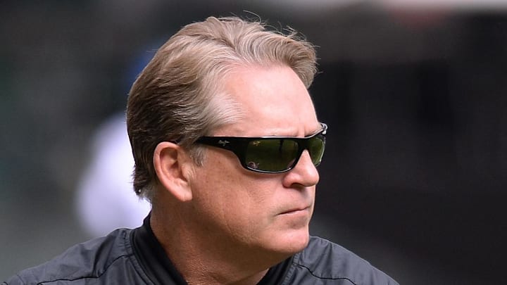 Nov 19, 2017; Mexico City, MEX; Oakland Raiders head coach Jack Del Rio looks on from the field before the game against the New England Patriots at Estadio Azteca. Mandatory Credit: Orlando Ramirez-Imagn Images