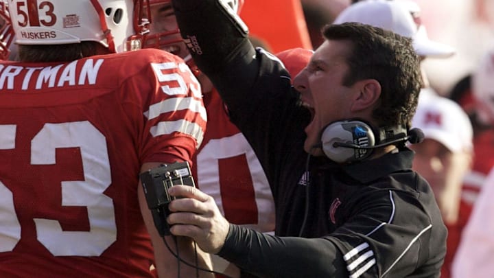 Nebraska linebackers coach Mike Ekeler celebrates with Tyler Wortman after Wortman's interception against Colorado in 2008.