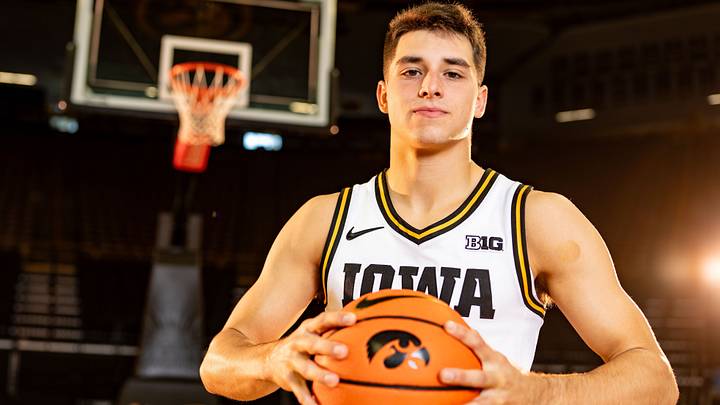 Peyton McCollum stands for a photo during Iowa Men’s Basketball media day at Carver Hawkeye Arena, Monday, October 12, 2026, in Iowa City.