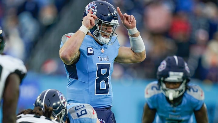 Tennessee Titans quarterback Will Levis (8) signals to teammates during the fourth quarter at Nissan Stadium in Nashville, Tenn., Sunday, Dec. 8, 2024. Tennessee Titans quarterback Will Levis (8) signals to teammates during the fourth quarter at Nissan Stadium in Nashville, Tenn., Sunday, Dec. 8, 2024.