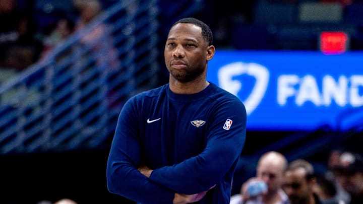 Feb 25, 2025; New Orleans, Louisiana, USA;  New Orleans Pelicans head coach Willie Green against the San Antonio Spurs during the second half at Smoothie King Center. Mandatory Credit: Stephen Lew-Imagn Images