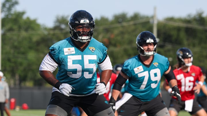 Jul 23, 2025; Jacksonville, FL, USA; Jacksonville Jaguars guard Chuma Edoga (55) participates in training camp at Miller Electric Center. Mandatory Credit: Nathan Ray Seebeck-Imagn Images