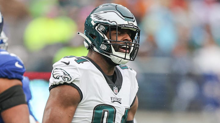 Dec 11, 2022; East Rutherford, New Jersey, USA; Philadelphia Eagles defensive end Josh Sweat (94) celebrates a defensive stop during the first quarter against the New York Giants at MetLife Stadium. Mandatory Credit: Vincent Carchietta-Imagn Images