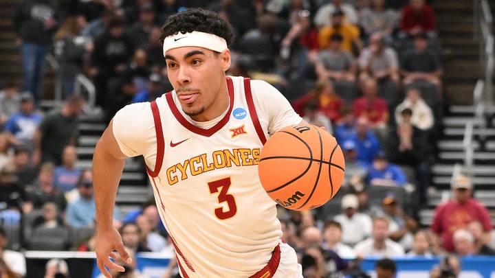 Mar 20, 2026; St. Louis, MO, USA; Iowa State Cyclones guard Tamin Lipsey (3) dribbles the ball against Tennessee State Tigers guard Dante Harris (10) during the first half of a first round game of the men's 2026 NCAA Tournament at Enterprise Center. Mandatory Credit: Jeff Curry-Imagn Images