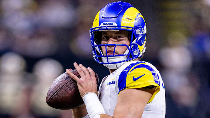 Dec 1, 2024; New Orleans, Louisiana, USA; Los Angeles Rams quarterback Matthew Stafford (9) during warms up against the New Orleans Saints at Caesars Superdome. Mandatory Credit: Stephen Lew-Imagn Images Dec 1, 2024; New Orleans, Louisiana, USA; Los Angeles Rams quarterback Matthew Stafford (9) during warms up against the New Orleans Saints at Caesars Superdome. Mandatory Credit: Stephen Lew-Imagn Images