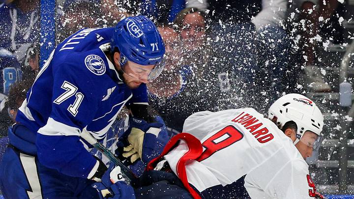Oct 3, 2026; Tampa, Florida, USA; Tampa Bay Lightning center Anthony Cirelli (71) and Washington Capitals right wing Ryan Leonard (9) battle for the puck in the third period at Benchmark International Arena. Mandatory Credit: Nathan Ray Seebeck-Imagn Images Oct 3, 2026; Tampa, Florida, USA; Tampa Bay Lightning center Anthony Cirelli (71) and Washington Capitals right wing Ryan Leonard (9) battle for the puck in the third period at Benchmark International Arena. Mandatory Credit: Nathan Ray Seebeck-Imagn Images