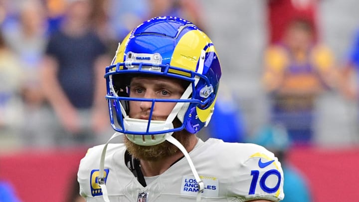 Sep 15, 2024; Glendale, Arizona, USA;  Los Angeles Rams wide receiver Cooper Kupp (10) prior to a game against the Arizona Cardinals at State Farm Stadium. Mandatory Credit: Matt Kartozian-Imagn Images