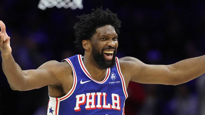 Philadelphia, Pennsylvania, USA; Philadelphia 76ers center Joel Embiid (21) reacts after his dunk against the Milwaukee Bucks during the second quarter at Xfinity Mobile Arena on January 27 2026.