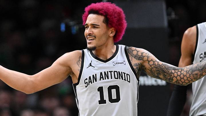 Jan 10, 2026; Boston, Massachusetts, USA; San Antonio Spurs forward Jeremy Sochan (10) reacts after being called for a foul during the first half of a game against the Boston Celtics at the TD Garden. Mandatory Credit: Brian Fluharty-Imagn Images
