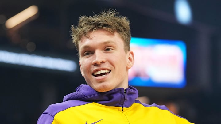 Jan 25, 2025; San Francisco, California, USA; Los Angeles Lakers guard Dalton Knecht (4) before the game against the Golden State Warriors at Chase Center. Mandatory Credit: Darren Yamashita-Imagn Images