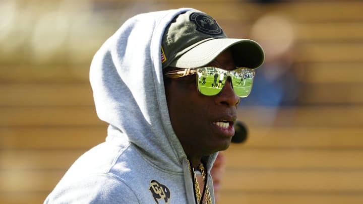Nov 11, 2023; Boulder, Colorado, USA; Colorado Buffaloes head coach Deion Sanders before the game against the Arizona Wildcats at Folsom Field. Mandatory Credit: Ron Chenoy-Imagn Images Nov 11, 2023; Boulder, Colorado, USA; Colorado Buffaloes head coach Deion Sanders before the game against the Arizona Wildcats at Folsom Field. Mandatory Credit: Ron Chenoy-Imagn Images