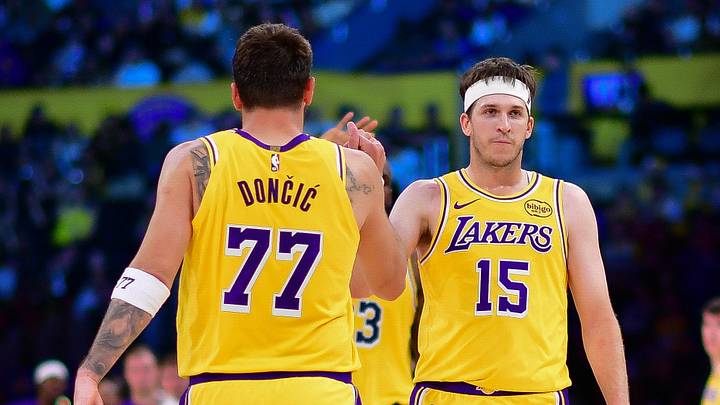 Mar 12, 2026; Los Angeles, California, USA; Los Angeles Lakers guard Luka Doncic (77) and guard Austin Reaves (15) react during the second half at Crypto.com Arena. Mandatory Credit: Gary A. Vasquez-Imagn Images Mar 12, 2026; Los Angeles, California, USA; Los Angeles Lakers guard Luka Doncic (77) and guard Austin Reaves (15) react during the second half at Crypto.com Arena. Mandatory Credit: Gary A. Vasquez-Imagn Images
