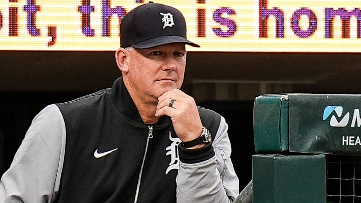 Detroit Tigers manager A.J. Hinch (14) watches a play against Kansas City Royals during the third inning at Comerica Park in Detroit on Thursday, April 17, 2025.