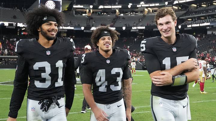 Aug 27, 2026; Paradise, Nevada, USA; Las Vegas Raiders safeties Treydan Stukes (31), Dalton Johnson (43), and quarterback Fernando Mendoza (15) walk on the field after the game against the San Francisco 49ers at Allegiant Stadium. Mandatory Credit: Kirby Lee-Imagn Images Aug 27, 2026; Paradise, Nevada, USA; Las Vegas Raiders safeties Treydan Stukes (31), Dalton Johnson (43), and quarterback Fernando Mendoza (15) walk on the field after the game against the San Francisco 49ers at Allegiant Stadium. Mandatory Credit: Kirby Lee-Imagn Images