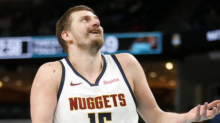 Mar 18, 2026; Memphis, Tennessee, USA; Denver Nuggets center Nikola Jokic (15) reacts during the second quarter against the Memphis Grizzlies at FedExForum. Mandatory Credit: Petre Thomas-Imagn Images