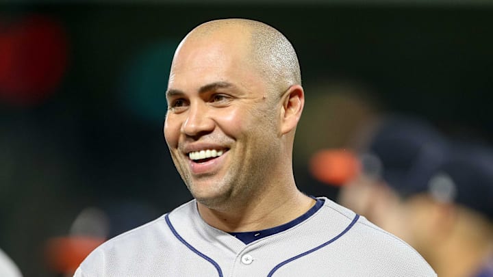 Sep 25, 2017; Arlington, TX, USA; Houston Astros designated hitter Carlos Beltran (15) smiles after the benches clear during the second inning against the Texas Rangers at Globe Life Park in Arlington. 