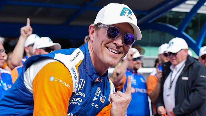 Scott Dixon celebrates after winning the pole for the 2022 Indianapolis 500.