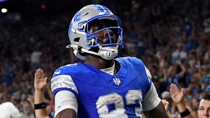 Detroit Lions wide receiver Jackson Meeks (83) celebrates after scoring a touchdown against the Miami Dolphins 