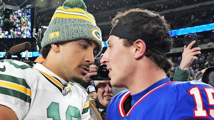 Green Bay Packers quarterback Jordan Love and New York Giants QB Tommy DeVito greet each other after their game in 2023.