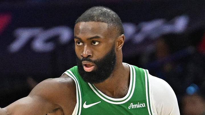 Apr 26, 2026; Philadelphia, Pennsylvania, USA; Boston Celtics guard Jaylen Brown (7) reacts after making a three point basket against the Philadelphia 76ers during the second half at Xfinity Mobile Arena. Mandatory Credit: Eric Hartline-Imagn Images