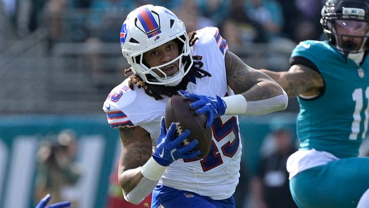 Buffalo Bills linebacker Shaq Thompson intercepts the ball during the first half against the Jacksonville Jaguars.