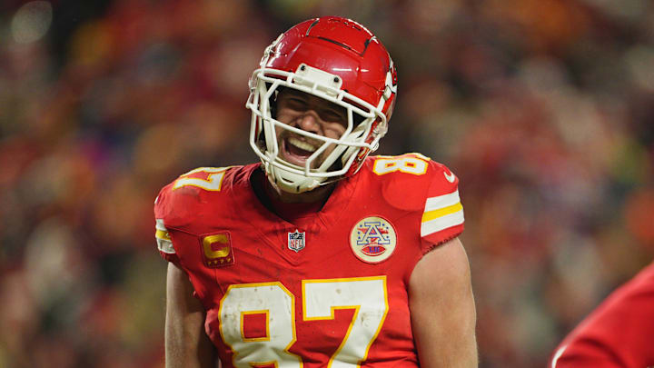 Jan 18, 2025; Kansas City, Missouri, USA; Kansas City Chiefs tight end Travis Kelce (87) reacts after a pass reception for a touchdown against the Houston Texans during the fourth quarter of a 2025 AFC divisional round game at GEHA Field at Arrowhead Stadium. Mandatory Credit: Jay Biggerstaff-Imagn Images