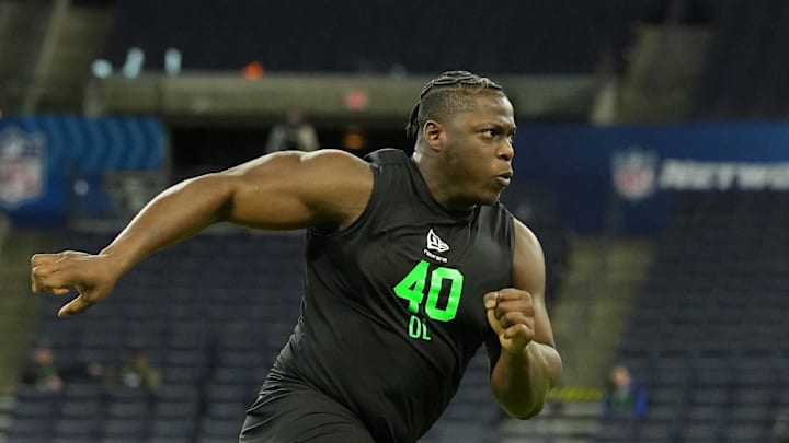 Mar 1, 2026; Indianapolis, IN, USA; Oregon offensive lineman Emmanuel Pregnon (OL40) during the NFL Scouting Combine at Lucas Oil Stadium. Mandatory Credit: Kirby Lee-Imagn Images