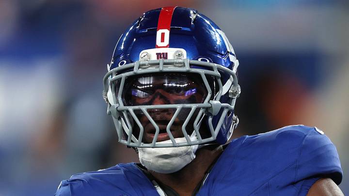 Sep 21, 2025; East Rutherford, New Jersey, USA; New York Giants linebacker Brian Burns (0) reacts in the second quarter against the Kansas City Chiefs at MetLife Stadium. Mandatory Credit: Vincent Carchietta-Imagn Images