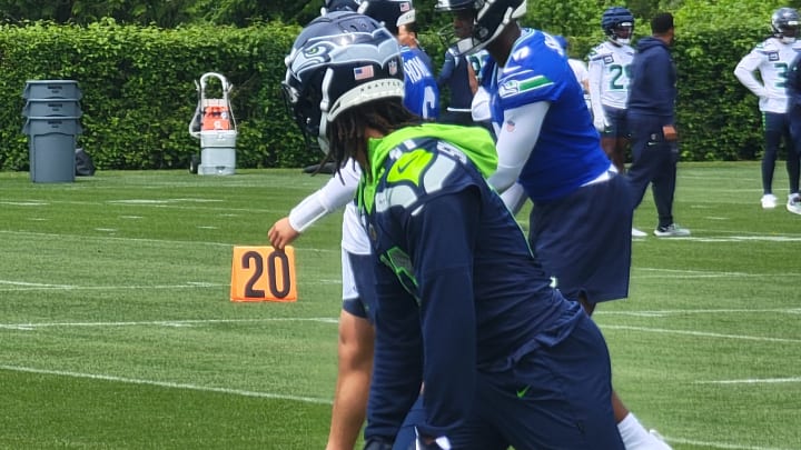 Jaxon Smith-Njigba awaits the snap during a drill at Seahawks OTAs at the VMAC. Jaxon Smith-Njigba awaits the snap during a drill at Seahawks OTAs at the VMAC.