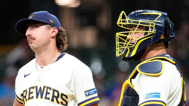 Milwaukee Brewers starting pitcher Brandon Sproat (23) reacts Milwaukee Brewers starting pitcher Brandon Sproat (23) reacts