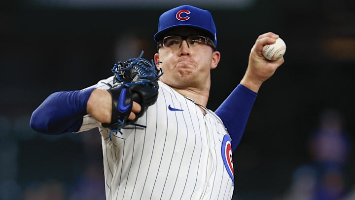 Sep 17, 2024; Chicago, Illinois, USA; Chicago Cubs starting pitcher Jordan Wicks (36) delivers a pitch against the Oakland Athletics during the first inning at Wrigley Field