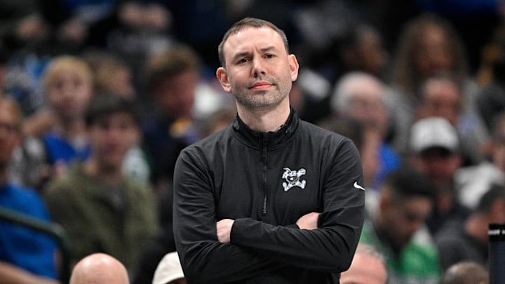 Jan 14, 2026; Dallas, Texas, USA; Denver Nuggets head coach David Adelman looks on during the game against the Dallas Mavericks at the American Airlines Center. Mandatory Credit: Jerome Miron-Imagn Images