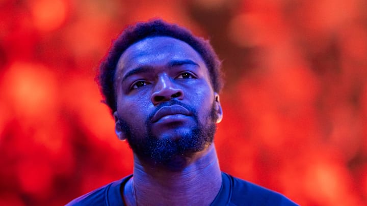 Jan 29, 2026; Phoenix, Arizona, USA; Detroit Pistons forward Paul Reed (7) against the Phoenix Suns at Mortgage Matchup Center. Mandatory Credit: Mark J. Rebilas-Imagn Images