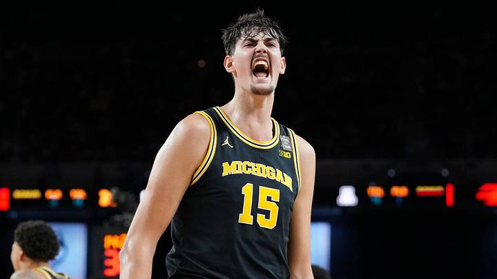 Apr 4, 2026; Indianapolis, IN, USA; Michigan Wolverines center Aday Mara (15) reacts after a play against the Arizona Wildcats during the first half in a semifinal of the Final Four of the men's 2026 NCAA Tournament at Lucas Oil Stadium. Mandatory Credit: Bob Donnan-Imagn Images Apr 4, 2026; Indianapolis, IN, USA; Michigan Wolverines center Aday Mara (15) reacts after a play against the Arizona Wildcats during the first half in a semifinal of the Final Four of the men's 2026 NCAA Tournament at Lucas Oil Stadium. Mandatory Credit: Bob Donnan-Imagn Images