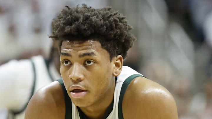Michigan State's Jeremy Fears Jr. hunches over during a game against Michigan at the Breslin Center on Friday, Jan. 30, 2026.