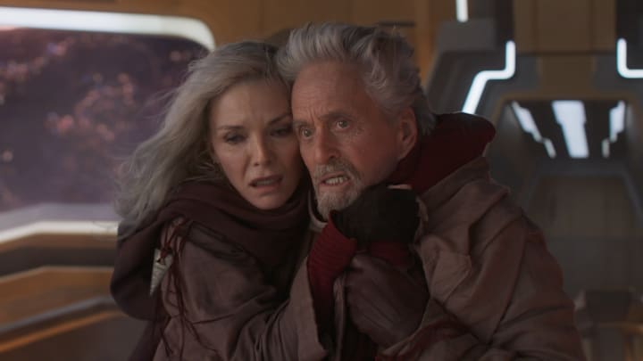 (L-R): Michelle Pfieffer as Janet van Dyne and Michael Douglas as Hank Pym in Marvel Studios'