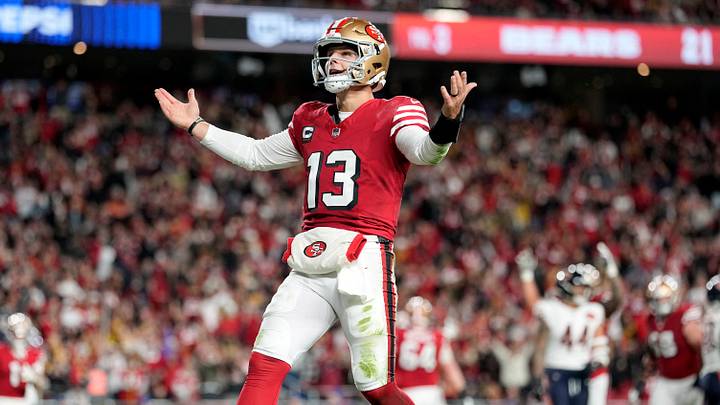 Dec 28, 2025; Santa Clara, California, USA; San Francisco 49ers quarterback Brock Purdy (13) celebrates after scoring a touchdown against the Chicago Bears in the first half at Levi's Stadium. Mandatory Credit: Kyle Terada-Imagn Images Dec 28, 2025; Santa Clara, California, USA; San Francisco 49ers quarterback Brock Purdy (13) celebrates after scoring a touchdown against the Chicago Bears in the first half at Levi's Stadium. Mandatory Credit: Kyle Terada-Imagn Images
