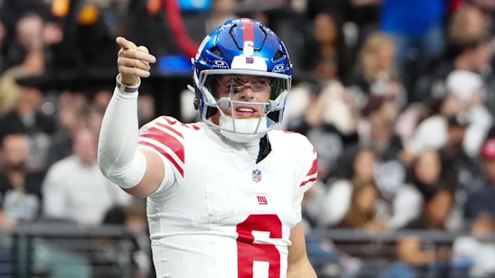 Dec 28, 2025; Paradise, Nevada, USA; New York Giants quarterback Jaxson Dart (6) celebrates a touchdown in the second quarter against the Las Vegas Raiders at Allegiant Stadium. Mandatory Credit: Stephen R. Sylvanie-Imagn Images