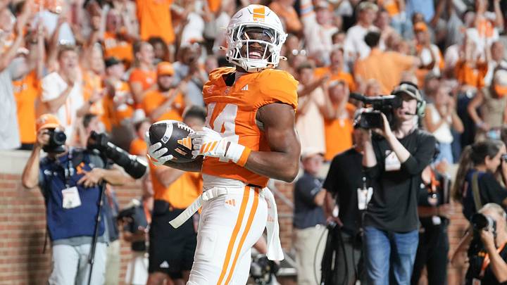 Tennessee wide receiver Braylon Staley (14) runs into the end zone for a touchdown during a game between Tennessee and Kennesaw State at Neyland Stadium in Knoxville, Tenn., Sept. 19, 2026. Tennessee wide receiver Braylon Staley (14) runs into the end zone for a touchdown during a game between Tennessee and Kennesaw State at Neyland Stadium in Knoxville, Tenn., Sept. 19, 2026.