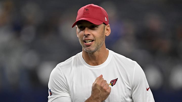 Nov 3, 2025; Arlington, Texas, USA; Arizona Cardinals head coach Jonathan Gannon before the game between the Dallas Cowboys and the Arizona Cardinals at AT&T Stadium. Mandatory Credit: Jerome Miron-Imagn Images
