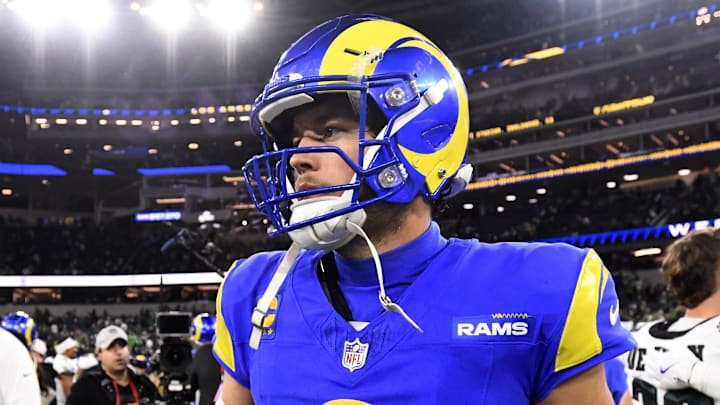 Nov 24, 2024; Inglewood, California, USA;  Los Angeles Rams quarterback Matthew Stafford (9) walks off the field after playing against the Philadelphia Eagles at SoFi Stadium. Mandatory Credit: Alex Gallardo-Imagn Images