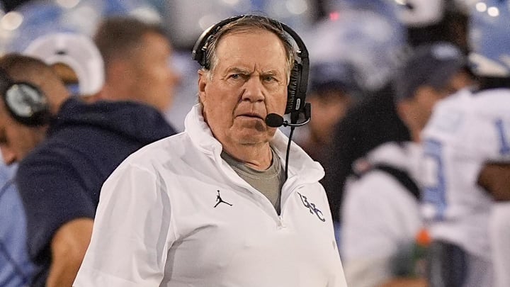 Sep 6, 2025; Charlotte, North Carolina, USA; North Carolina Tar Heels head coach Bill Belichick during the first half against the Charlotte 49ers at Jerry Richardson Stadium. Mandatory Credit: Jim Dedmon-Imagn Images