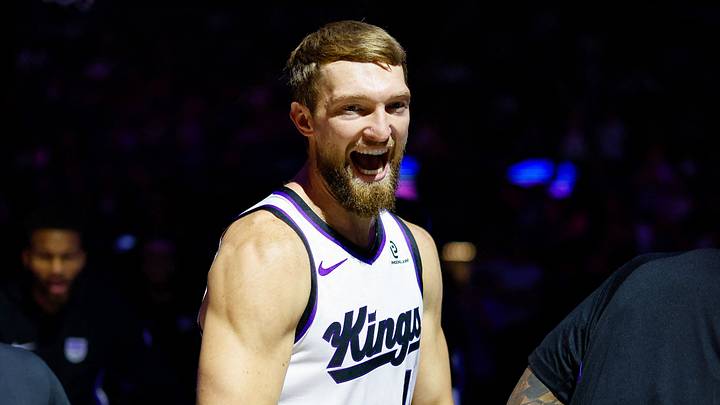Oct 8, 2025; Sacramento, California, USA; Sacramento Kings forward/center Domantas Sabonis (11) is introduced during player introductions before the game against the Toronto Raptors at Golden 1 Center. Mandatory Credit: Sergio Estrada-Imagn Images
