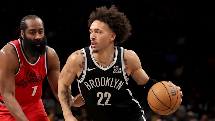 Mar 28, 2025; Brooklyn, New York, USA; Brooklyn Nets forward Jalen Wilson (22) controls the ball against Los Angeles Clippers guard James Harden (1) during the third quarter at Barclays Center. Mandatory Credit: Brad Penner-Imagn Images Mar 28, 2025; Brooklyn, New York, USA; Brooklyn Nets forward Jalen Wilson (22) controls the ball against Los Angeles Clippers guard James Harden (1) during the third quarter at Barclays Center. Mandatory Credit: Brad Penner-Imagn Images
