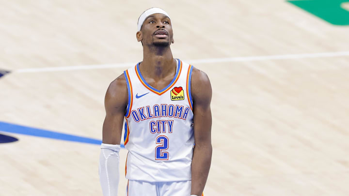 Jun 16, 2025; Oklahoma City, Oklahoma, USA; Oklahoma City Thunder guard Shai Gilgeous-Alexander (2) looks on during the fourth quarter against the Indiana Pacers in game five of the 2025 NBA Finals at Paycom Center. Mandatory Credit: Alonzo Adams-Imagn Images Jun 16, 2025; Oklahoma City, Oklahoma, USA; Oklahoma City Thunder guard Shai Gilgeous-Alexander (2) looks on during the fourth quarter against the Indiana Pacers in game five of the 2025 NBA Finals at Paycom Center. Mandatory Credit: Alonzo Adams-Imagn Images