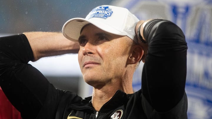 Florida State Seminoles head coach Mike Norvell takes a second to soak in the moment. The Florida State Seminoles defeated the Louisville Cardinals 16-6 to claim the ACC Championship title in Charlotte, North Carolina on Saturday, Dec. 2, 2023.