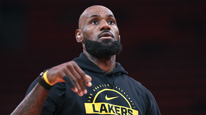 Apr 24, 2026; Houston, Texas, USA; Los Angeles Lakers forward LeBron James (23) warms up before game three of the first round of the 2026 NBA Playoffs against the Houston Rockets at Toyota Center. Mandatory Credit: Troy Taormina-Imagn Images